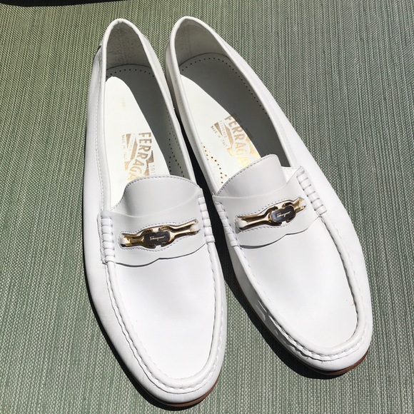 White Leather Ferragamo Loafers 